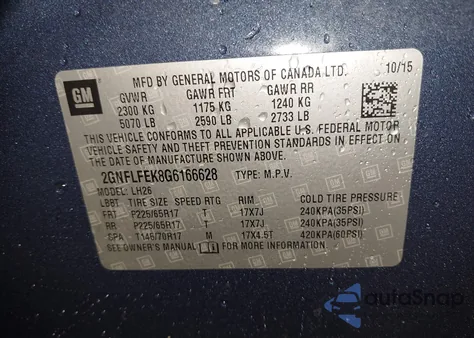 2016 Chevrolet Equinox Lt из США, поврежденный, VIN 2GNFLFEK8G6166628